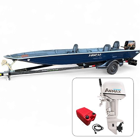 Barco de alumínio Martinelli X-Boat 6.0 Soldado + Anmax 30 HP 2T Partida Elétrica e Manche + Carreta rodoviária - Preço do motor para PJ ou Produtor Rural