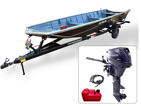 Barco de alumínio Cast One 600 + Motor de popa Tohatsu 20 HP 4T com Manche + Carreta Rodoviária - Preço do motor para PJ ou Produtor Rural
