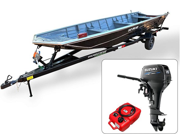 Barco de alumínio Cast One 600 + Motor de popa Suzuki 15 Pro HP 2T com Manche + Carreta Rodoviária - Preço do motor para PJ