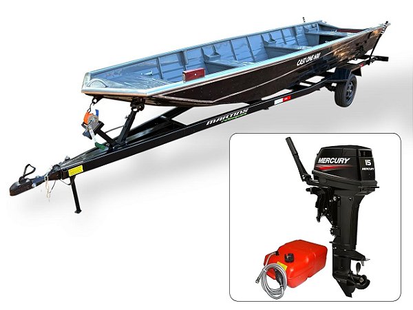 Barco de alumínio Cast One 600 + Motor de popa Mercury 15 HP 2T Manche + Carreta Rodoviária - Preço do motor para PJ