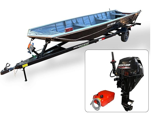 Barco de alumínio Cast One 600 + Motor de popa Mercury 25 HP 4T Partida Elétrica com Manche + Carreta Rodoviária - Preço do motor para PJ ou Produtor Rural