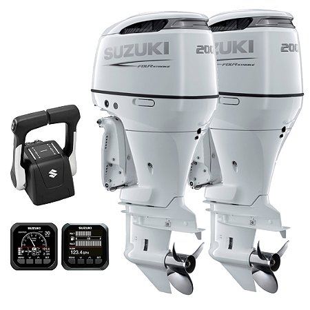 PARELHA 2X MOTOR DE POPA SUZUKI DF 200 HP 4T EFI V6 BRANCO RABETA 25" COMANDO TOP DUPLO HÉLICE INOX - PREÇO PJ - PRONTA ENTREGA FRETE GRÁTIS