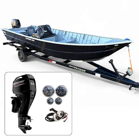 Barco Martinelli Thunder 600 + Mercury 60 HP 4T Partida Elétrica e Power Trim Fat. PJ + Carreta rodoviária e acessórios de navegação instalados