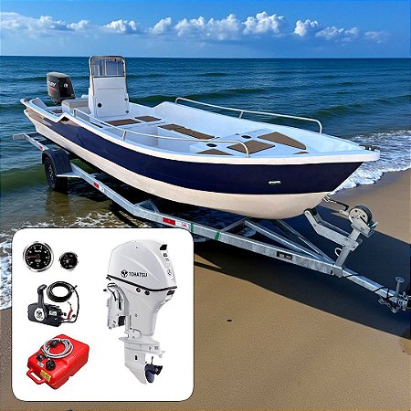 Barco de fibra Martinelli Xaréu 650 GT com Tohatsu 60 hp 4T Branco Power Trim 20"+ Carreta Rodoviária Galvanizada + acessórios de navegação instalados - Preço motor para PJ ou Produtor Rural