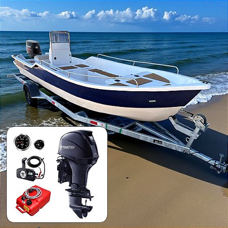 Barco de fibra Martinelli Xaréu 650 GT com Tohatsu 60 hp 4T Azul Power Trim 20"+ Carreta Rodoviária Galvanizada + acessórios de navegação instalados - Preço motor para PJ ou Produtor Rural