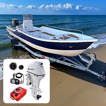 Barco de fibra Martinelli Xaréu 650 GT com Tohatsu 50 hp 4T Branco Power Trim 20"+ Carreta Rodoviária Galvanizada + acessórios de navegação instalados - Preço motor para PJ ou Produtor Rural