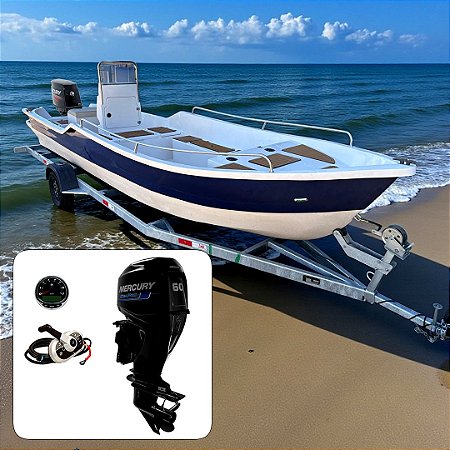 Barco de fibra Martinelli Xaréu 650 GT com Mercury 60 hp 4T Sea Pro Power Trim 20"+ Carreta Rodoviária Galvanizada + acessórios de navegação instalados - Preço motor para PJ ou Produtor Rural