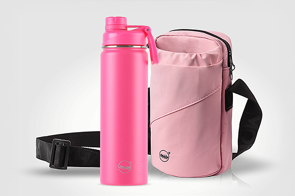 Kit garrafa térmica inox Facy 660ml Pink e bolsa Shoulder Bottle rosa