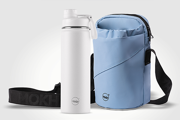 Kit garrafa térmica inox Facy 660ml white e bolsa Shoulder Bottle azul