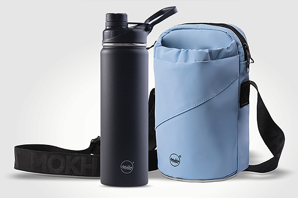 Kit garrafa térmica inox Facy 660ml black e bolsa Shoulder Bottle azul