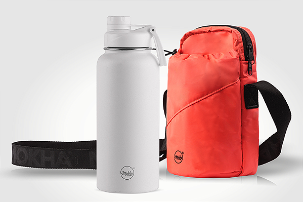Kit garrafa térmica inox Facy 960ml white e bolsa Shoulder Bottle laranja