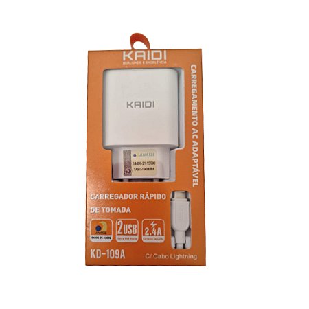 Carregador de tomada rápido 2 Usb 2.4A com Cabo Tipo Lightning KAIDI 109A