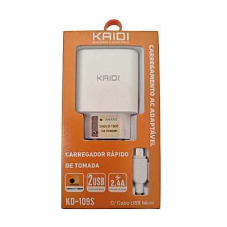 Carregador de tomada rápido 2 Usb 2.4A com Cabo Tipo Micro USB KAIDI 109S