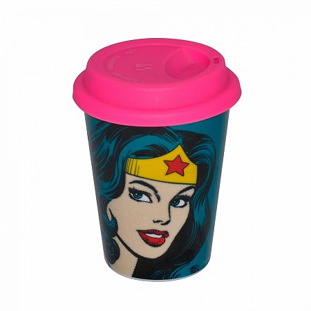 Copo ceramica DC com tampa silicone face Wonder Woman