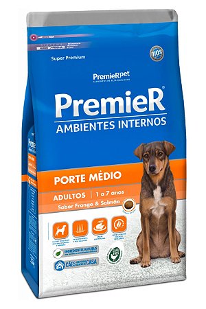 Ração Premier Ambientes Internos Sabor Frango e Salmão para Cães Adultos Porte Médio - 2,5kg