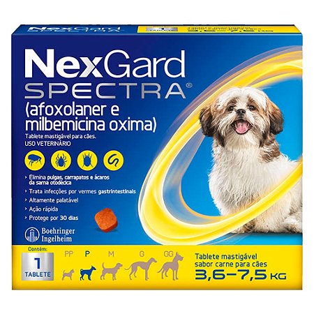 Antipulgas e Carrapatos NexGard Spectra para Cães de 3,6 a 7,5Kg C/1 Tablete