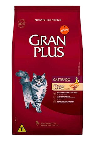 Ração GranPlus Super Premium Sabor Frango e Arroz para Gatos Adultos Castrados - 3kg, 10,1Kg ou 10,1kg em pacotes de 1,01kg