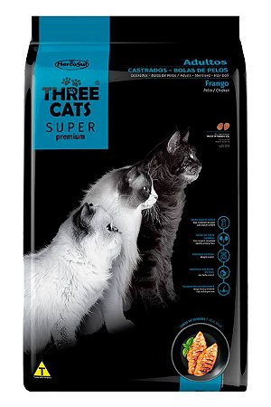 Ração Three Cats Super Premium Sabor Frango para Gatos Adultos Castrados e Bolas de Pelos - 500g
