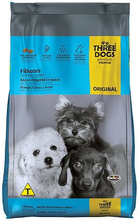 Ração Three Dogs Original Frango, Carne e Arroz para Cães Filhotes Raças Pequenas e Mini - 10,1Kg ou 15Kg
