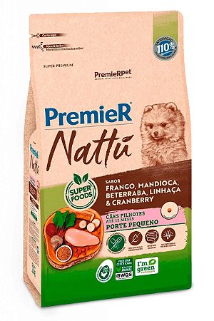 Ração Premier Nattu Super Premium Sabor Frango, Mandioca, Beterraba, Linhaça e Cranberry para Cães Filhotes de Pequeno Porte - 1kg ou 2,5kg