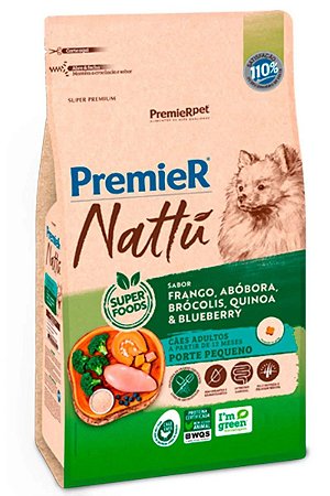 Ração Premier Nattu Super Premium Sabor Frango, Abóbora, Brócolis, Quinoa e Blueberry para Cães Adultos de Pequeno Porte - 1kg, 2,5kg ou 10,1kg