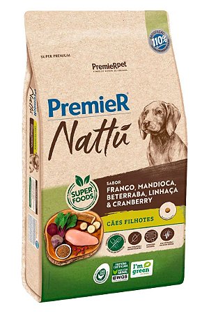 Ração Premier Nattu Super Premium Sabor Frango, Mandioca, Beterraba, Linhaça e Cranberry para Cães Filhotes - 2,5kg ou 10,1kg
