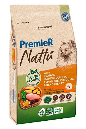 Ração Premier Nattu Super Premium Sabor Frango, Mandioquinha, Espinafre, Cúrcuma e Blackberry para Cães Adultos de Porte Pequeno - 1kg, 2,5kg ou 10,1kg