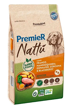 Ração Premier Nattu Super Premium Sabor Frango, Mandioquinha, Espinafre, Cúrcuma e Blackberry para Cães Adultos - 12kg