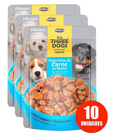 Ração Úmida Three Dogs Sachê Premium Especial para Cães Filhotes Sabor Pedacinhos de Carne ao Molho 100g - 10 unidades
