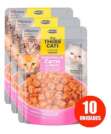 Ração Úmida Three Cats Sachê Premium Especial para Gatos Filhotes Sabor Pedacinhos de Carne ao Molho 85g - 10 unidades