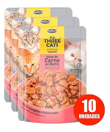 Ração Úmida Three Cats Sachê Premium Especial para Gatos Adultos Sabor Iscas de Carne ao Molho 85g - 10 unidades