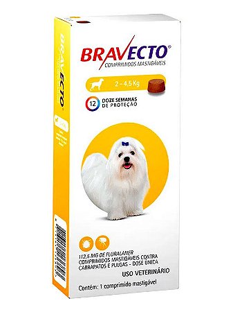 Antipulgas e Carrapatos Bravecto MSD para Cães de 2 a 4,5Kg - 1 Comprimido Mastigável de 112,5mg