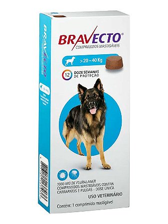 Antipulgas e Carrapatos Bravecto MSD para Cães de 20 a 40Kg - 1 Comprimido Mastigável de 1000mg