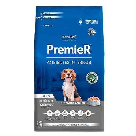Ração Premier Light Ambientes Internos Sabor Frango e Salmão para Cães Adultos de Raças Pequenas - 1kg ou 2,5kg