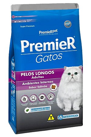 Ração Premier Super Premium Sabor Salmão para Gatos Adultos Pelos Longos - 500g, 1,5kg ou 7,5kg