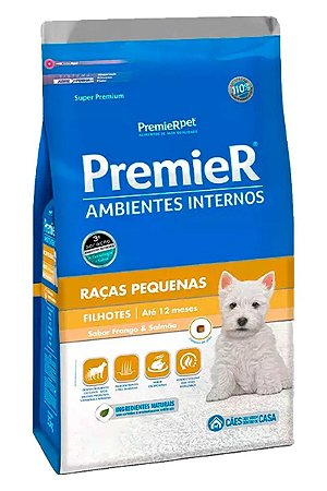 Ração Premier Super Premium Ambientes Internos Sabor Frango e Salmão para Cães Filhotes de Raças Pequenas - 1kg 7,5kg ou 12kg