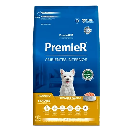 Ração Premier Super Premium Ambientes Internos Sabor Frango e Salmão para Cães Filhotes de Raças Pequenas - 1kg 7,5kg ou 12kg