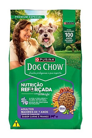 Ração Nestlé Purina Dog Chow Longevidade 7+ Sabor Carne, Frango e Arroz para Cães Adultos de Todos os Tamanhos Sênior - 15kg