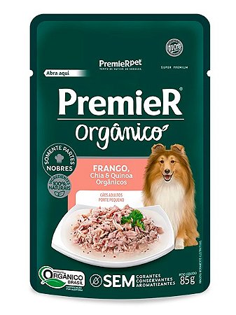 Ração Úmida Premier Orgânico Sachê Sabor Frango, Chia e Quinoa Orgânicos para Cães Adultos Raças Pequenas - 85g