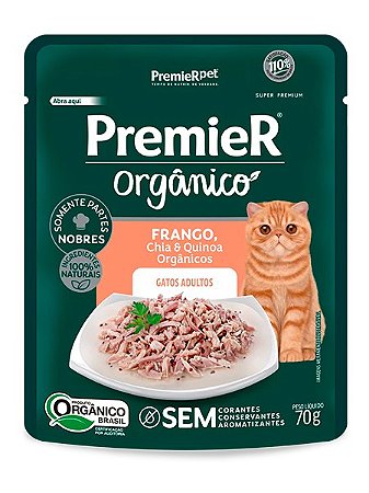 Ração Úmida Premier Orgânico Sachê Sabor Frango, Chia e Quinoa Orgânicos para Gatos Adultos - 70g