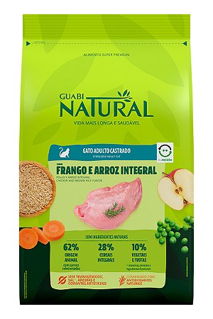 Ração Guabi Natural Super Premium Sabor Frango e Arroz Integral para Gatos Adultos Castrados - 500g e 1,5kg