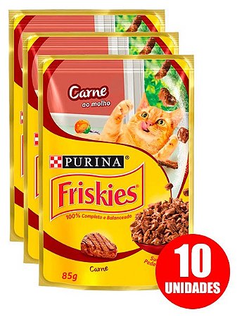 Ração Úmida Nestlé Purina Friskies Sachê Sabor Carne ao Molho para Gatos Adultos 85g - 10 unidades