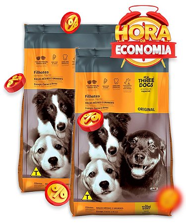 Ração Three Dogs Original Frango, Carne e Arroz para Cães Filhotes Raças Médias e Grandes - Combo com 20,2kg (2x 10,1Kg)