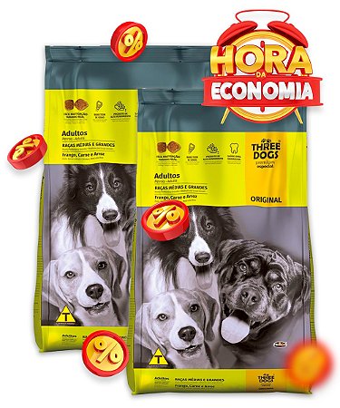 Ração Three Dogs Original Frango, Carne e Arroz para Cães Adultos Raças Médias e Grandes - Combo com 40Kg (2x 20kg)