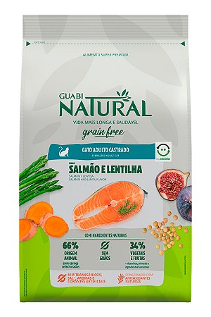 Ração Guabi Natural Super Premium Grain Free Sabor Salmão e Lentilha para Gatos Adultos Castrados - 1,5kg ou 7,5kg