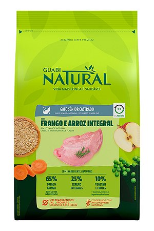Ração Guabi Natural Super Premium Sabor Frango e Arroz Integral para Gatos Adultos Sênior Castrados - 1,5kg