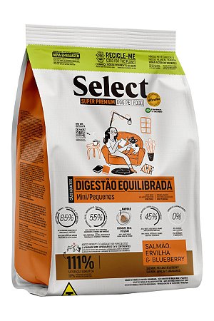 Ração Select by Monello Digestão Equilibrada Sabor Salmão, Ervilha e Blueberry para Cães de Porte Mini e Pequena - 2kg, 10,1kg ou 15kg