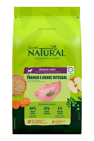 Ração Guabi Natural Super Premium Sabor Frango e Arroz Integral para Cães Adultos de Raças Médias - 12kg