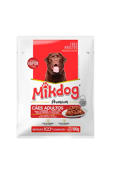 Ração Úmida Mikdog Premium Sachê Sabor Carne ao Molho para Cães Adultos Raças Médias e Grandes - 100g