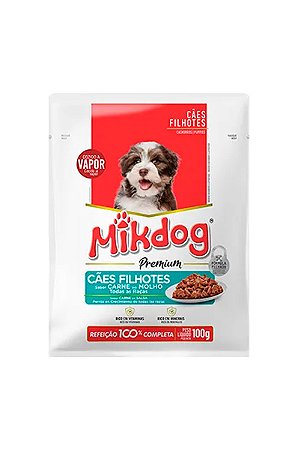 Ração Úmida Mikdog Premium Sachê Sabor Carne ao Molho para Cães Filhotes - 100g